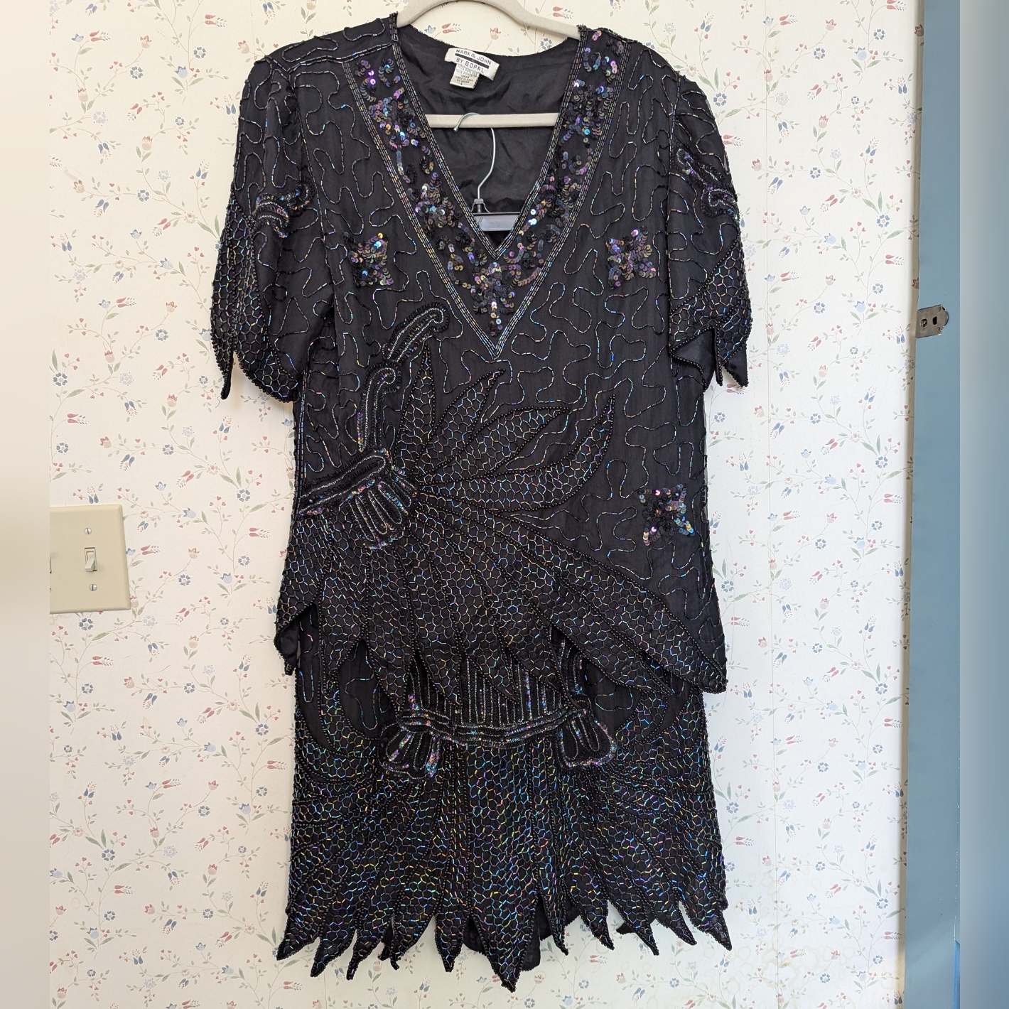 Mark & John By Gopal Silk Beaded L Top Skirt Scalloped Edge Elastic Waist